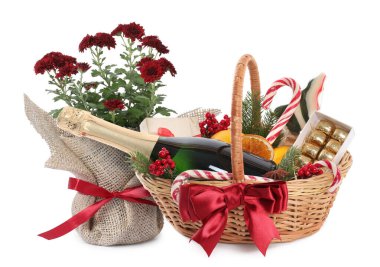 Köpüklü şarap, baston şekerler ve beyaz arka planda saksı çiçekli hediye sepeti.