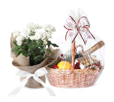 Beyaz arka planda köpüklü şarap ve saksı çiçekli hediye sepeti.