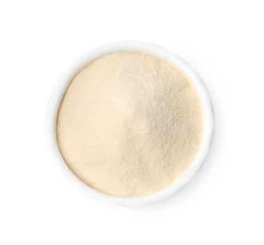 Kasedeki jelatin tozu beyaza izole edilmiş, üst manzara.