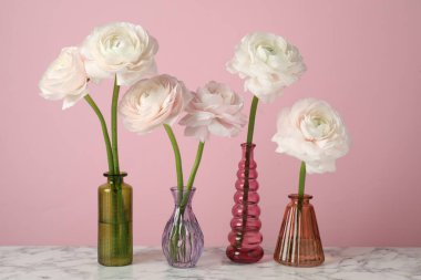 Güzel ranunculus çiçekleri farklı vazolarda beyaz mermer masada pembe arka planda, yakın planda