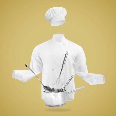 Şef üniforması ve pastel turuncu arka planda hareket halindeki mutfak aletleri. Aşçılık dersleri ya da poster tasarımı