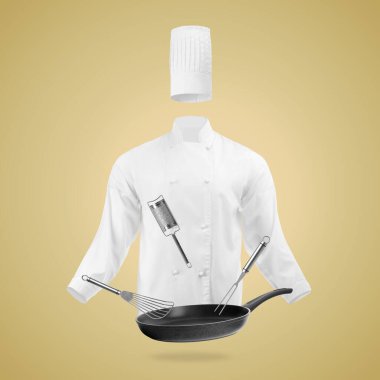Şef üniforması ve pastel turuncu arka planda hareket halindeki mutfak aletleri. Aşçılık dersleri ya da poster tasarımı
