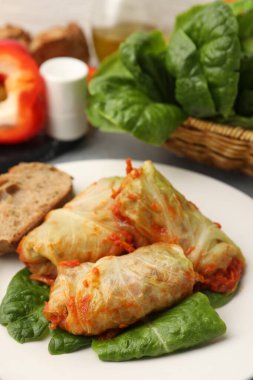 Lezzetli lahana dürümleri ve malzemeler gri masada, yakın plan.