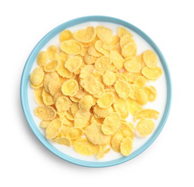 Sütlü mısır gevrekleri beyaz, üst manzara izole.