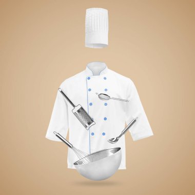 Şef üniforması ve mutfak aletleri koyu bej arka planda hareket halinde. Aşçılık dersleri ya da poster tasarımı