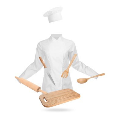 Şef üniforması ve mutfak aletleri beyaz arka planda hareket halinde. Aşçılık dersleri ya da poster tasarımı