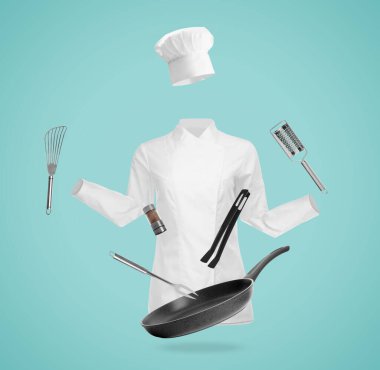 Şef üniforması ve pastel turkuaz arka planda hareket eden mutfak aletleri. Aşçılık dersleri ya da poster tasarımı