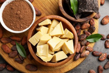 Organik kakao yağı, çikolata parçaları, fasulye, toz ve yeşil yapraklar gri masada, üst görünümde.