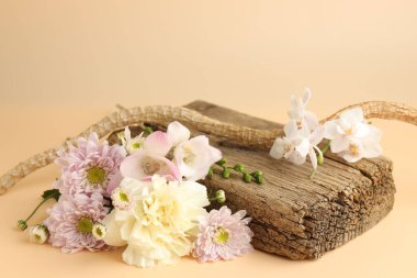 Tahta blok ve bej arka planda bahar çiçekleri, yakın plan. Tasarım için model