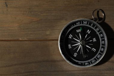Tahta masanın üstünde bir pusula, üst manzara. Metin için boşluk