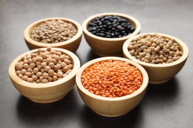 Gri masadaki protein açısından zengin farklı vejetaryen gıda ürünleri.