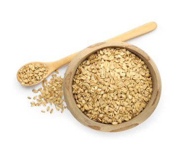 Tahta kasede yulaf ezmesi ve kaşık beyaz, üst manzara