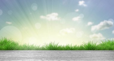 Güzel gökyüzünün altında yemyeşil bahar otları ve ahşap yüzey. Pankart tasarımı