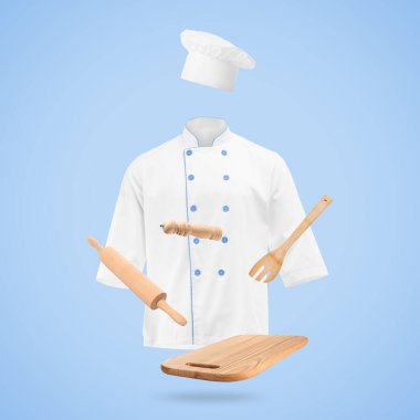 Şef üniforması ve mutfak aletleri pastel mavi arka planda hareket halinde. Aşçılık dersleri ya da poster tasarımı