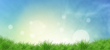Baharda güzel gökyüzünün altında canlı yeşil çimenler. Pankart tasarımı