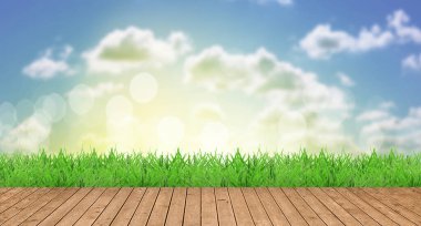 Baharda güzel gökyüzünün altında canlı yeşil çimenler ve ahşap yüzey. Pankart tasarımı