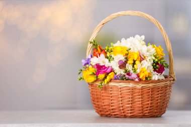 Fresk çiçekleri sepetin içinde. Arka planda bulanıklık var. Metin için boşluk