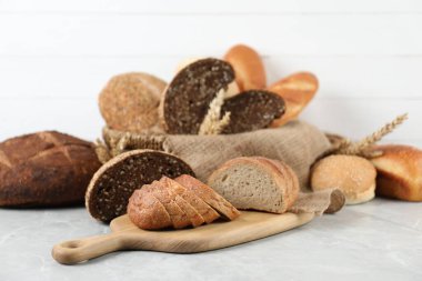 Gri mermer masadaki farklı ekmekler ve çiviler, yakın plan.