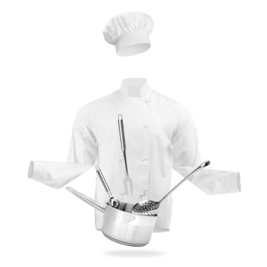 Şef üniforması ve mutfak aletleri beyaz arka planda hareket halinde. Aşçılık dersleri ya da poster tasarımı