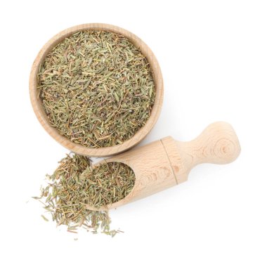 Kurumuş kekik ve kepçe beyaz, üst görünüm izole