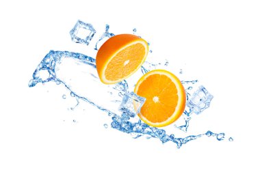 Orange pieces, water splash and ice cubes in air on white background