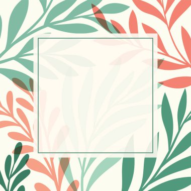 Botanik elementlerle dolu kare şablon. Baskı tasarımı, sosyal medya paylaşımı ve web reklamları için modern vektör çizimi. Soyut bitki arkaplanı.