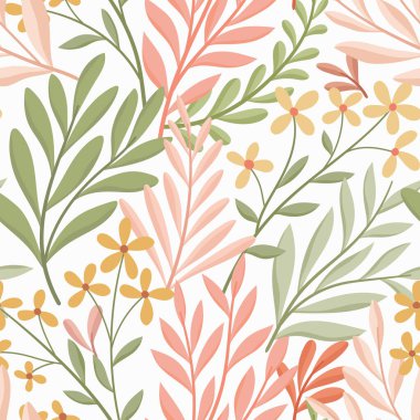 Çiçeksel vektör pürüzsüz desen. Narin botanik duvar kağıdı. Yaprak ve çiçeklerle tekrarlanabilir arkaplan