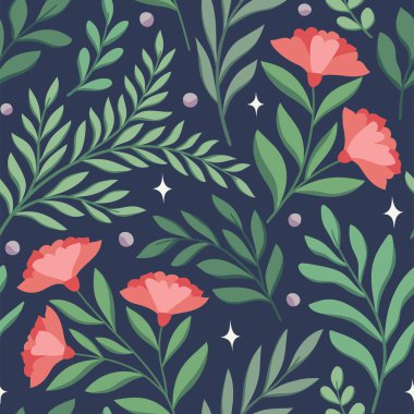 Çiçeksel vektör pürüzsüz desen. Narin botanik duvar kağıdı. Yaprak ve çiçeklerle tekrarlanabilir arkaplan