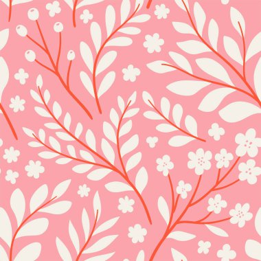 Çiçeksel vektör pürüzsüz desen. Narin botanik duvar kağıdı. Yaprak ve çiçeklerle tekrarlanabilir arkaplan