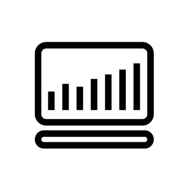 Büyüme grafiği olan bir bilgisayar. Siyah beyaz ikon. Düz grafikler. İş ve başarı teması üzerine vektör illüstrasyon.