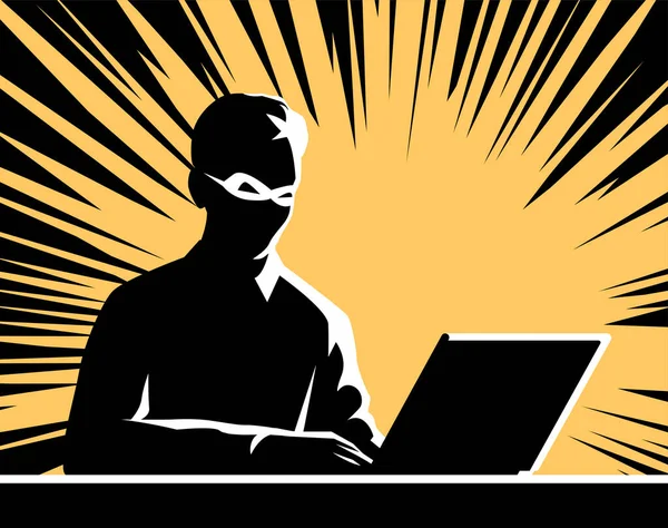 Männliche Hacker Einem Laptop Dunkle Silhouette Mit Bedrohlichem Gesicht Vektorillustration — Stockvektor