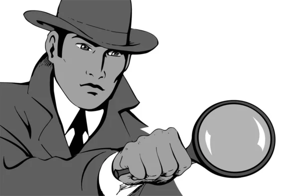 Detective Masculino Investigando Con Una Lupa Busco Pruebas Vestido Con — Vector de stock