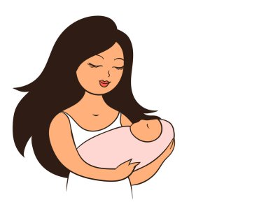 Kollarında bir bebekle genç bir anne. Kadının yüzünde mutlu bir gülümseme var. Mesaj için yer. Vektör karikatür çizimi beyaz arkaplanda izole edildi. 