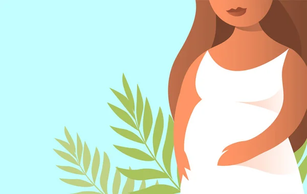 Schöne Schwangere Frau Einem Weißen Kleid Hinter Einer Grünen Pflanze — Stockvektor