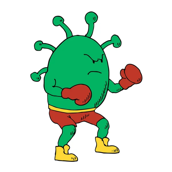 Virus Covid Avec Gants Boxe Caricature Vilain Dessin Animé Couleur — Image vectorielle