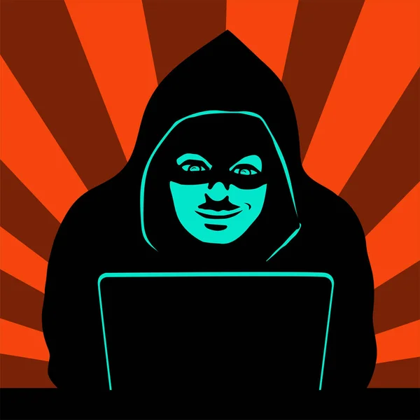 Dizüstü bilgisayardaki erkek hacker. Kapalı yüzlü siyah bir siluet. Siber saldırı. Vektör illüstrasyonu.