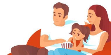 Genç aile kanepede dinleniyor. Baba, anne ve küçük kız. Patlamış mısır ye ve televizyon izle. Evdeki insanların vektör çizimi. Metin için yeri olan pankart.