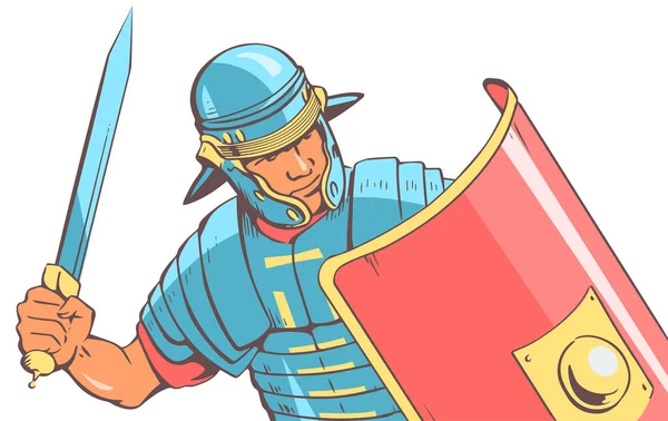 戦闘中のローマ兵の正規兵 剣と赤い盾の手に 鉄の鎧を着た ポップアートスタイルのベクトルイラスト — ストックベクタ