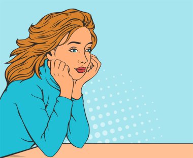 Güzel kız masada rüya görüyor. Metin için boş alan. Pop sanat tarzında vektör illüstrasyonu. Beyaz arkaplan.