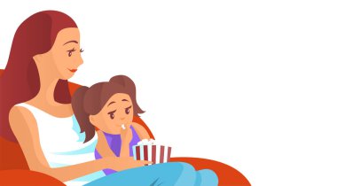 Genç ve güzel anne ve kız kanepede oturmuş patlamış mısır yiyor ve televizyon izliyorlar. Vektör aile çizimi. Metin için yeri olan beyaz arkaplan.