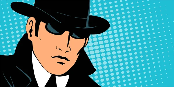 男侦探正在调查穿着复古的雨衣和帽子 戴着黑色眼镜 文字的位置 流行艺术风格的矢量插图 — 图库矢量图片