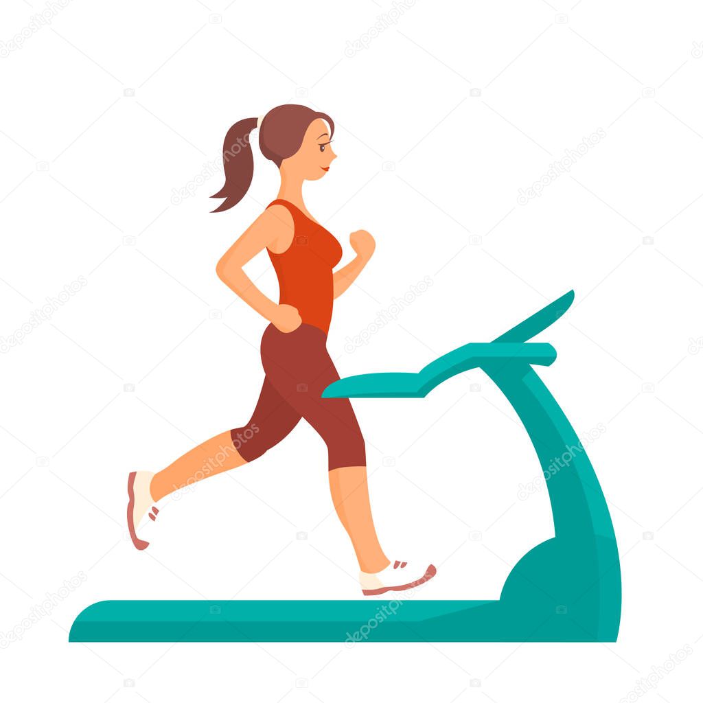 Young woman is exercising on a treadmill. Sports exercises at home. Vector isolated illustration.