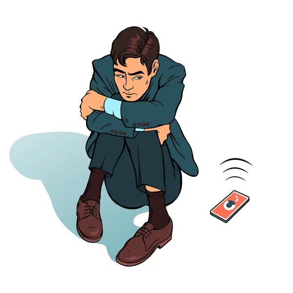 若いビジネスマンは電話に出たくない 床の上に座って疲れている 近くのスマートフォン 仕事中のストレスの多い状況 ポップアートスタイルのベクトルイラスト — ストックベクタ