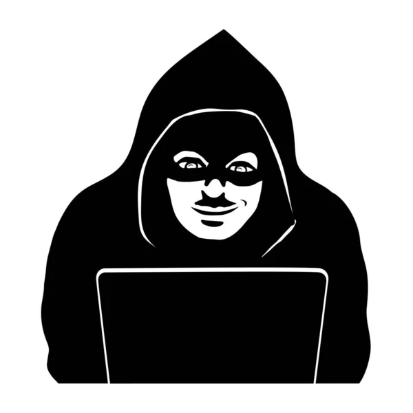 Pirate Sur Ordinateur Portable Silhouette Noire Visage Fermé Cyber Attaque — Image vectorielle