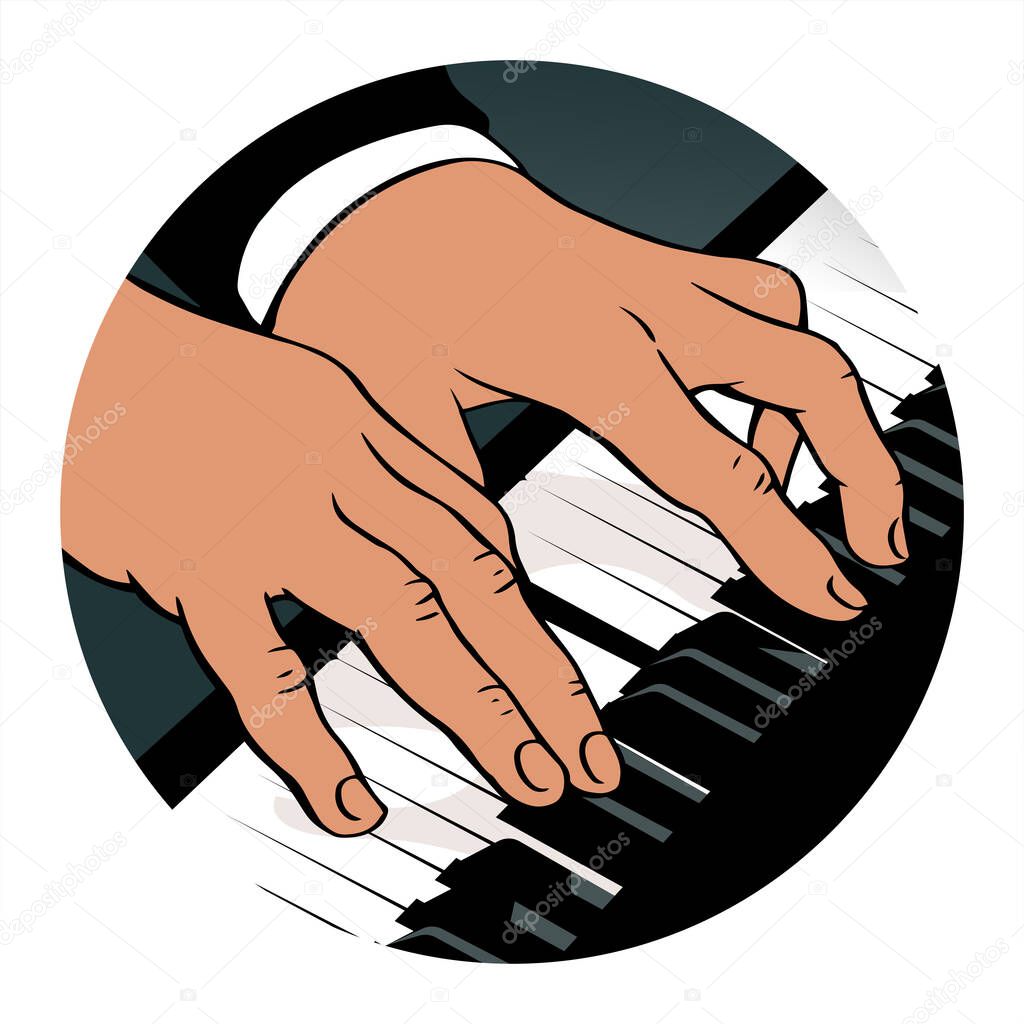Hands play the keys of the piano.