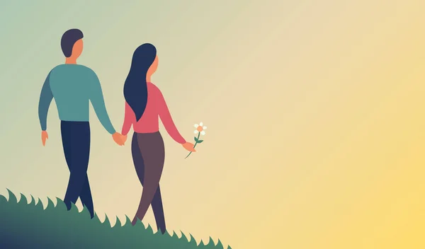 若い男と女が自然を背景に歩いている ベクトル平図 — ストックベクタ