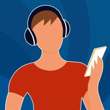 Adam kulaklıkla müzik dinliyor. Baş silueti. Elinde oyuncuyla akıllı telefon. Vektör düz resimleme.