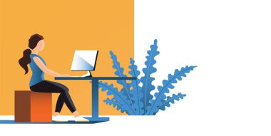 Genç modern kadın bilgisayarın ofisinde çalışıyor. Mesaj için yer. Vektör düz illüstrasyon pankartı.