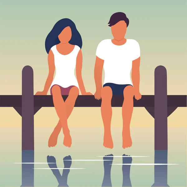 一对年轻夫妇正在河边休息 一个男人和一个女孩坐在水面上的一个码头上 安静点矢量平面插图 — 图库矢量图片