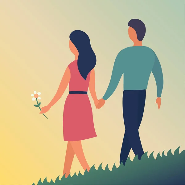 若い男と女が自然を背景に歩いている ベクトル平図 — ストックベクタ